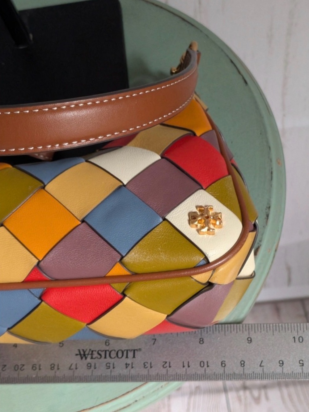 Tory Burch Patchwork Woven Leather 151 Small Crescent Handbag- 3 Carry Options - Picture 7 of 10